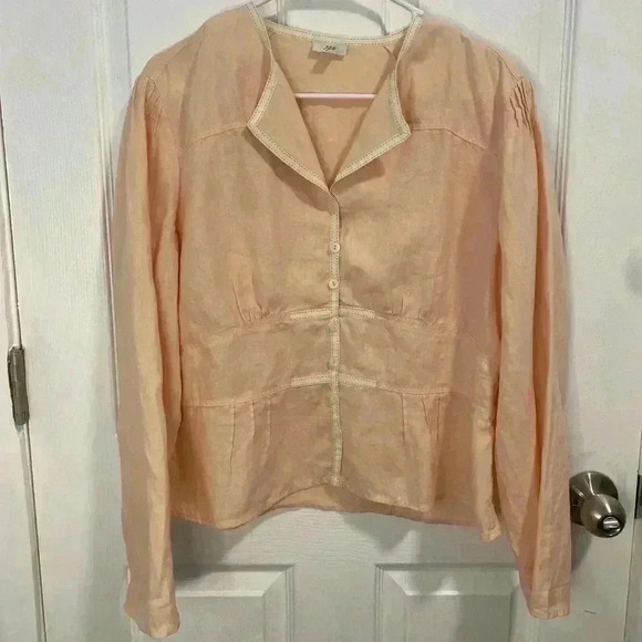 J. Jill Tops - J JILL 100% Linen Jacket Blouse Size 12 Peach Cream Trim Long Sleeve Button Up